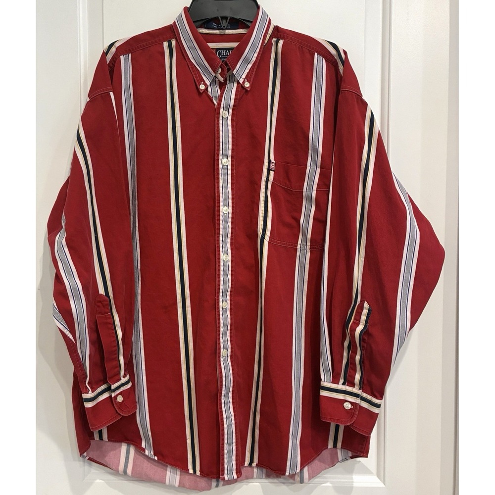 Vintage 90s Chaps Ralph Lauren Shirt Men L Red Striped Button Down Preppy Cotton
